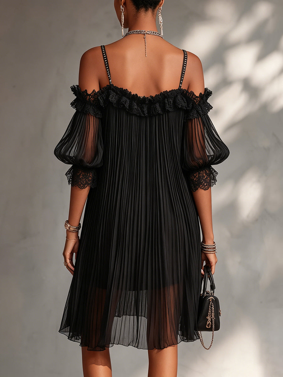 Vittoria | Black mini dress in chiffon with off-the-shoulder design and lace trim