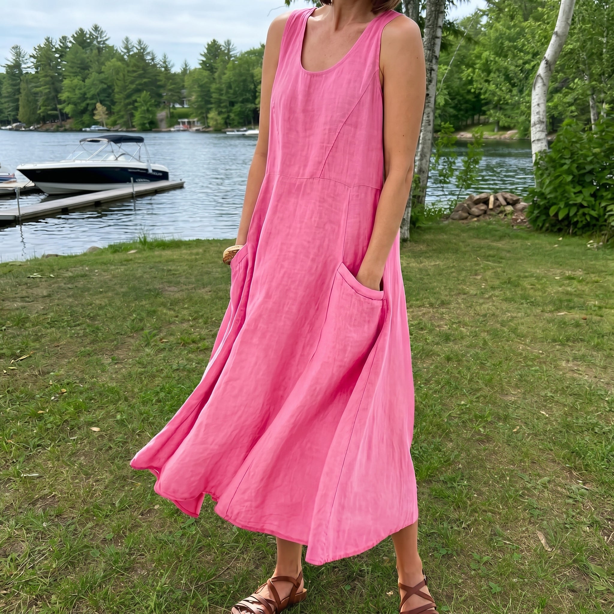 Hazel | Natural Linen Pocket Maxi Dress