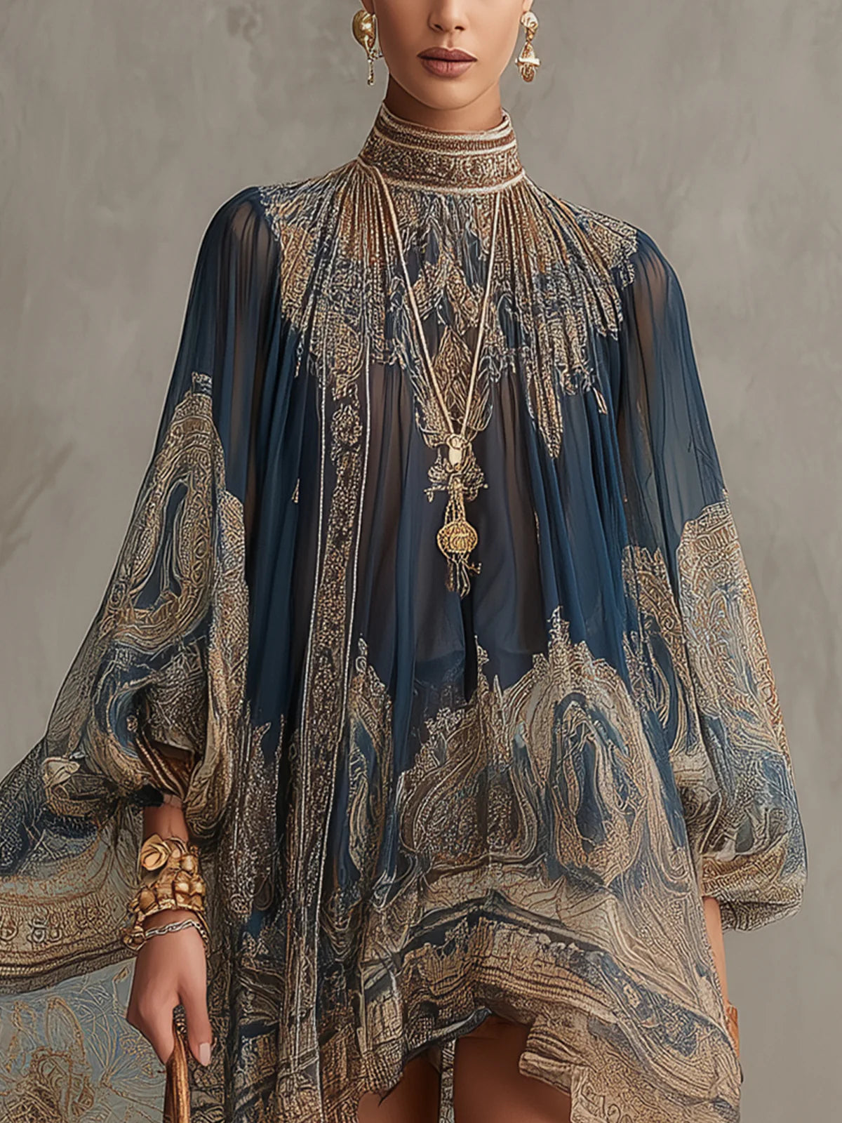 Navy Blue Baroque Print High-neck Irregular Mini Dress