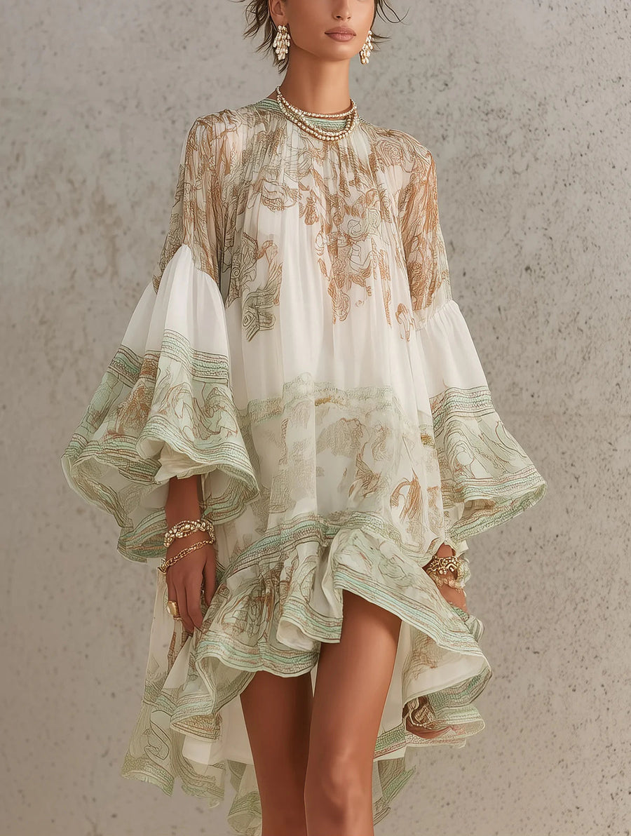 Green Print Ruffle Hem Flounce Sleeve Mini Dress
