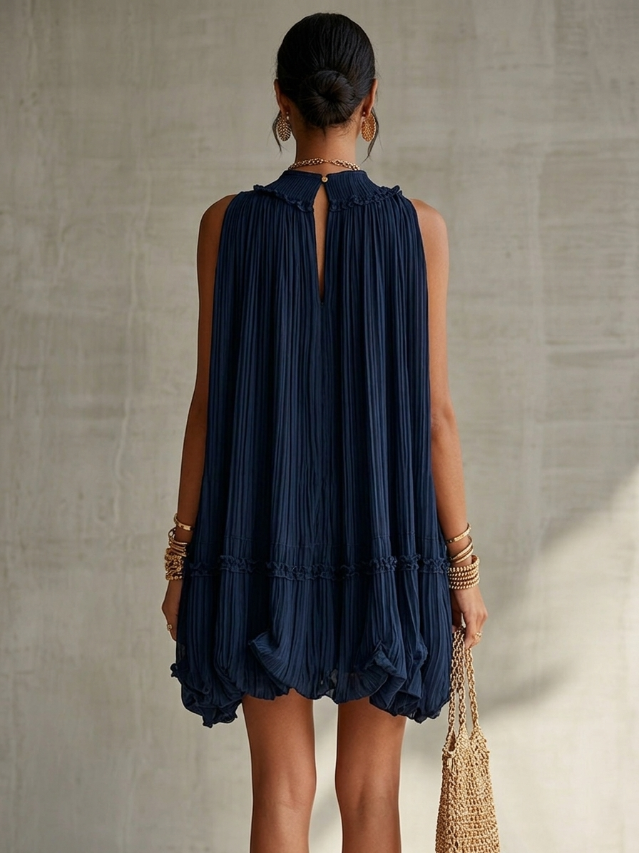 Navy Halter Neck Ruffled Chiffon Bubble Mini Dress