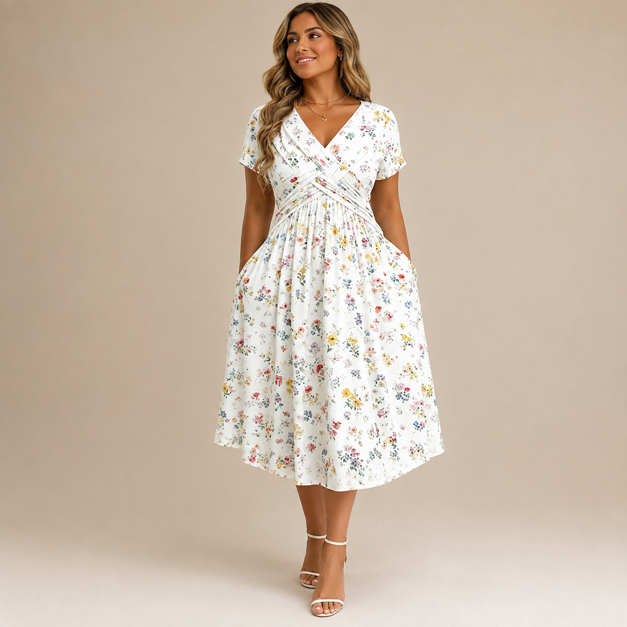 🌸 Floral V-neck dress with a twist at the waist—elegant and casual for any occasion