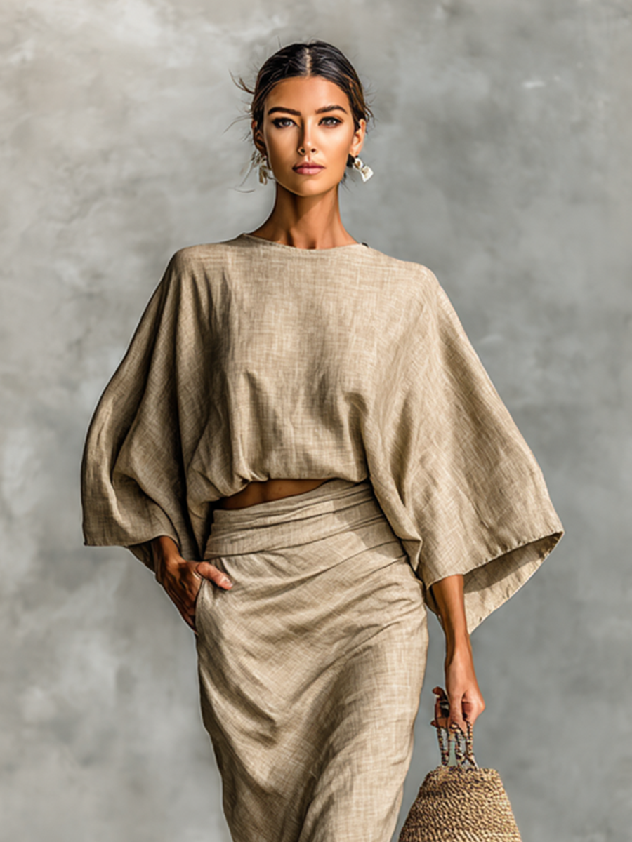 Two-piece set with long skirt and batwing sleeves